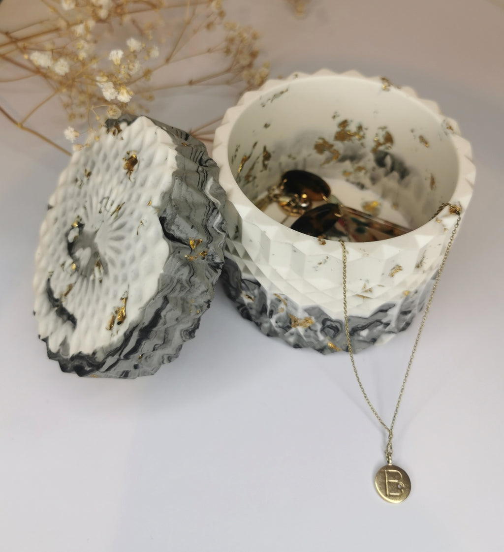 Marble Geometric Round Storage Jar —  Marble & Gold Leaf