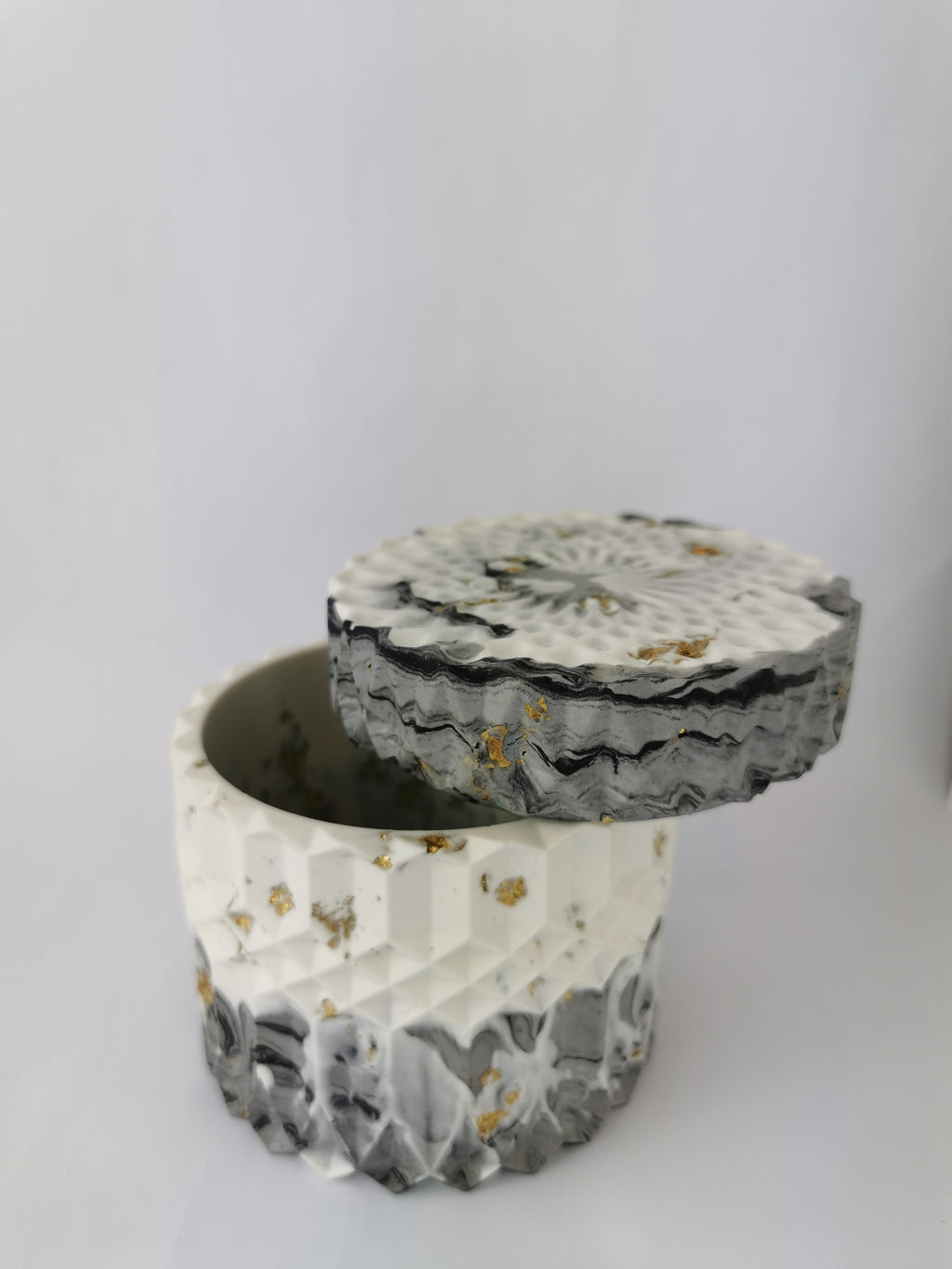 Marble Geometric Round Storage Jar —  Marble & Gold Leaf
