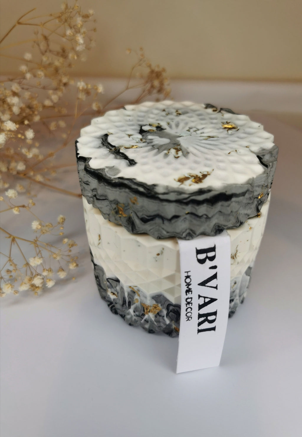 Marble Geometric Round Storage Jar —  Marble & Gold Leaf