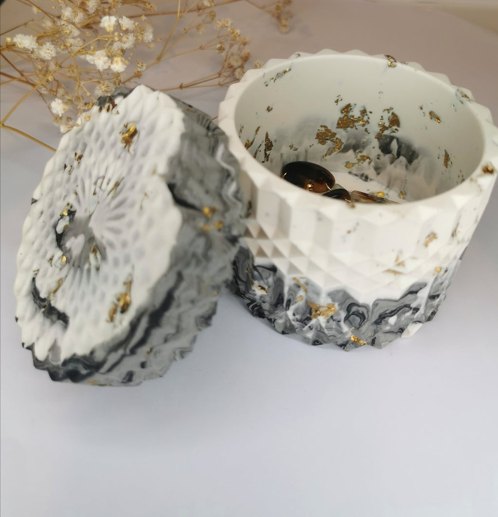 Marble Geometric Round Storage Jar —  Marble & Gold Leaf