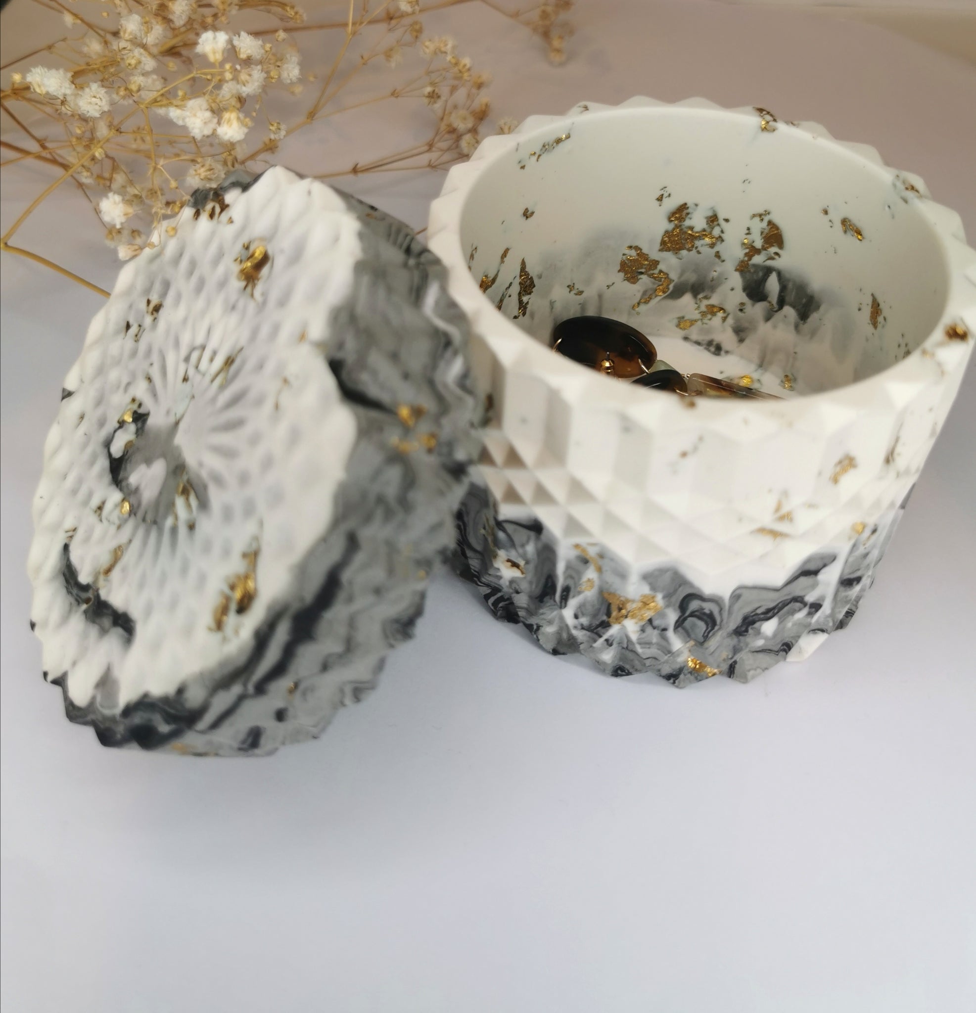 Marble Geometric Round Storage Jar —  Marble & Gold Leaf