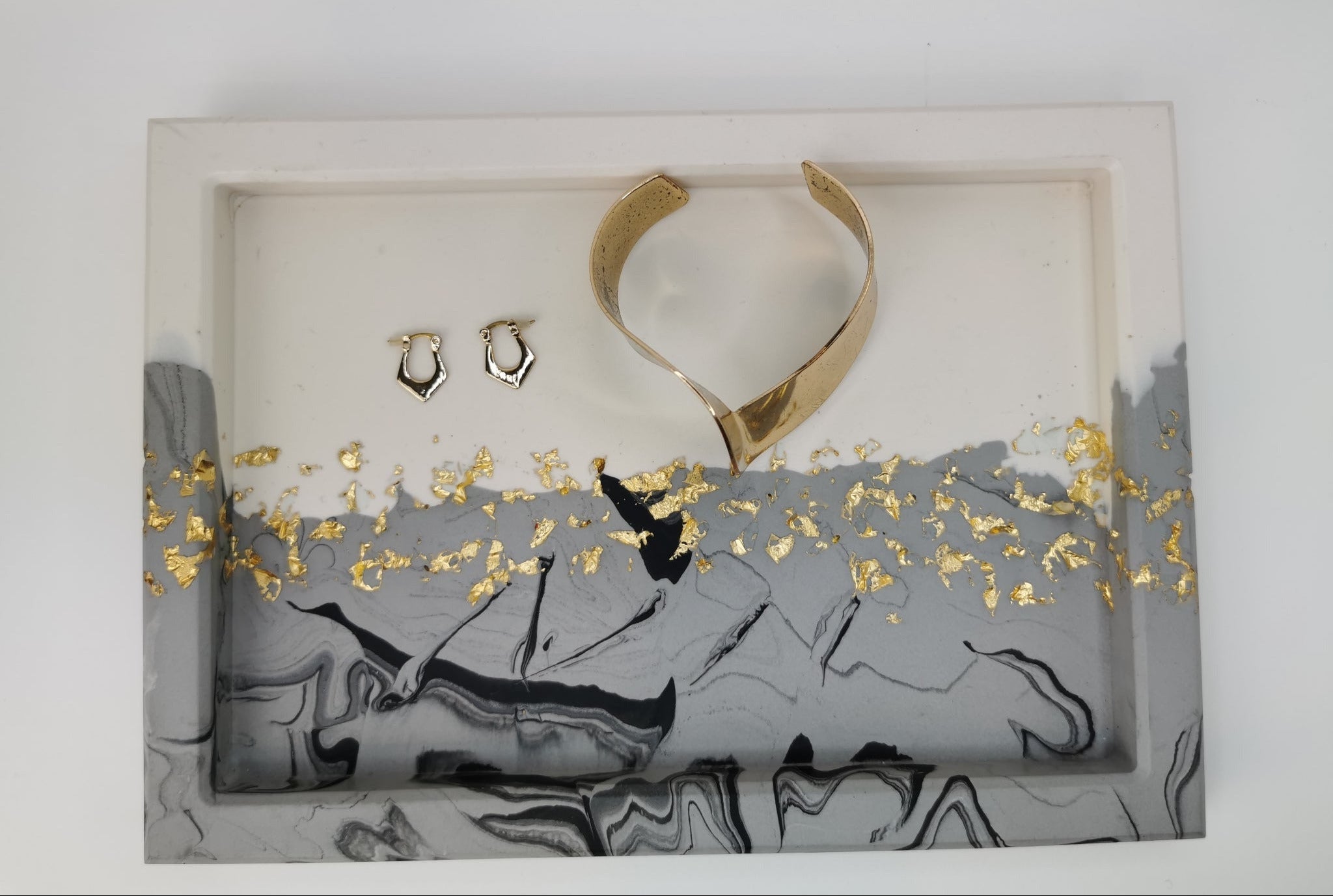 Large Square Vanity Tray — Black Marble & Gold Leaf