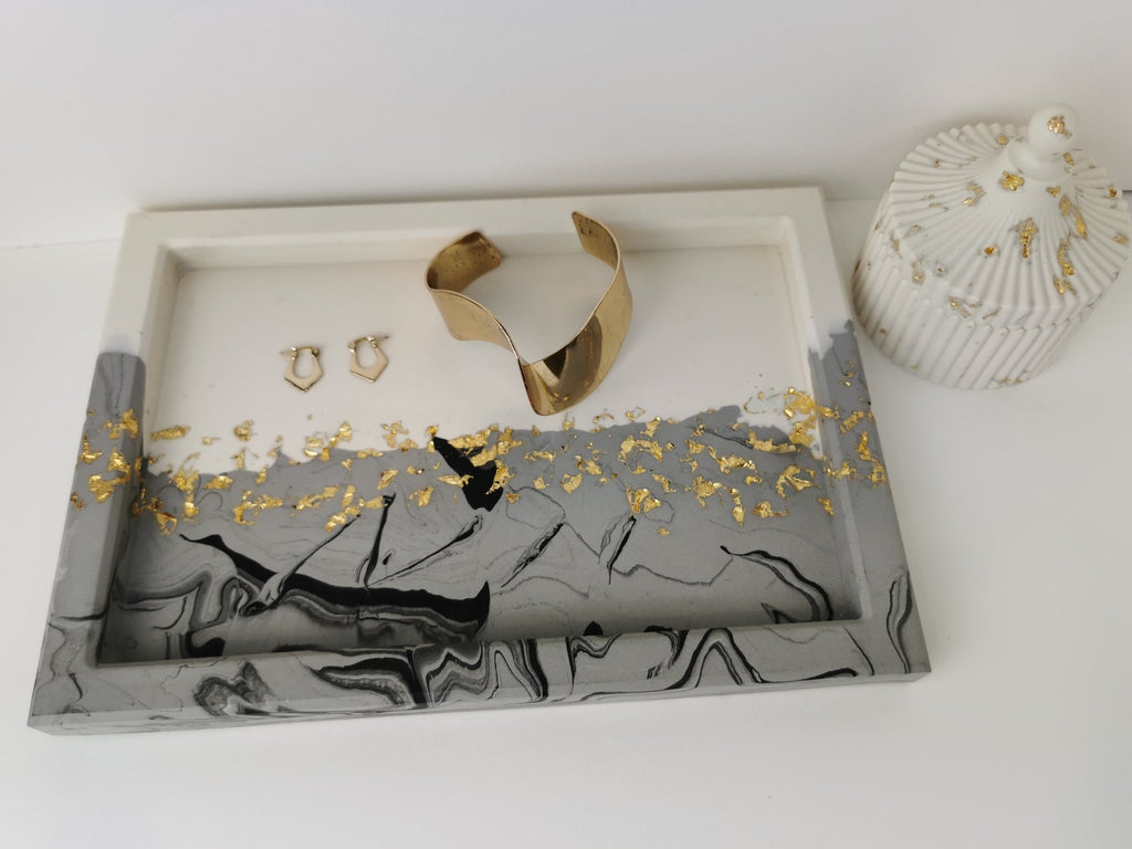 Large Square Vanity Tray — Black Marble & Gold Leaf