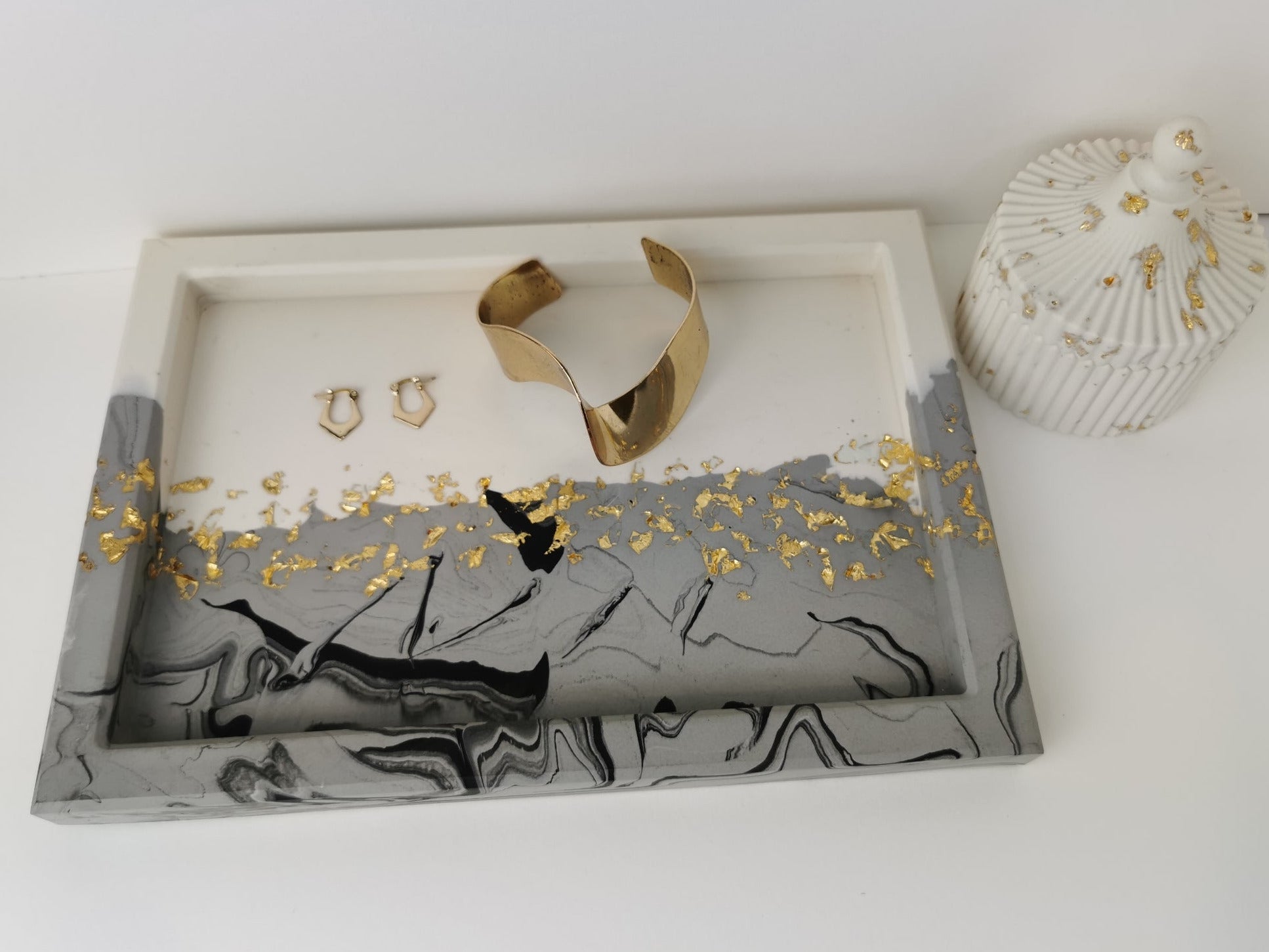 Large Square Vanity Tray — Black Marble & Gold Leaf
