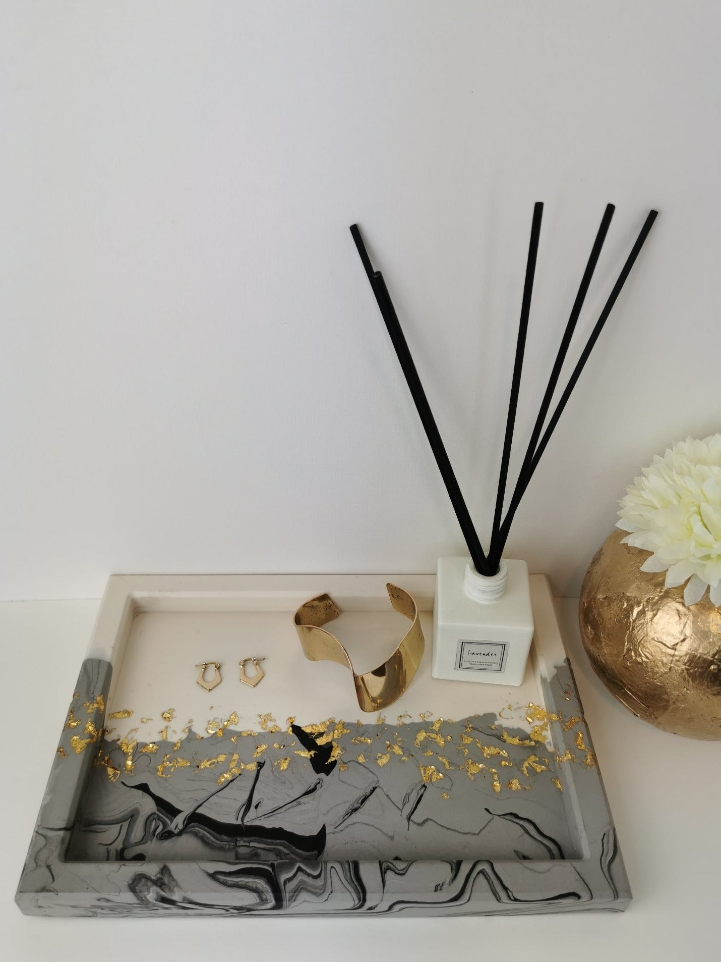 Large Square Vanity Tray — Black Marble & Gold Leaf