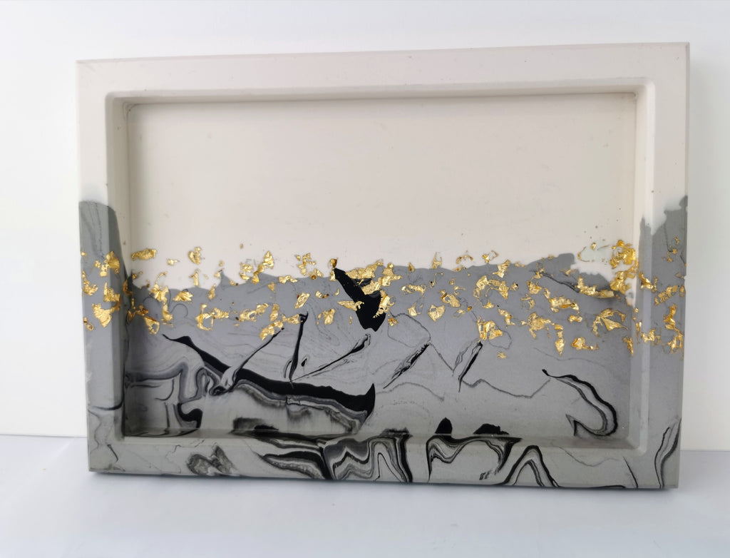 Large Square Vanity Tray — Black Marble & Gold Leaf
