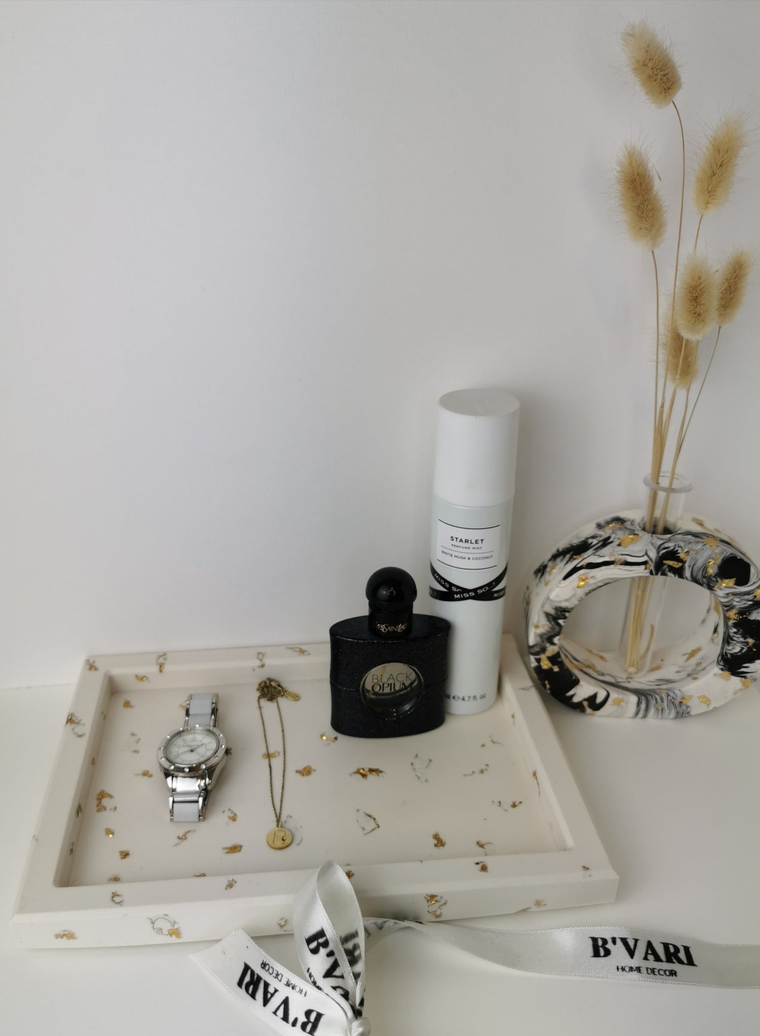 Black Marble Vase with Propagation Tube —  Marble & Gold Leaf