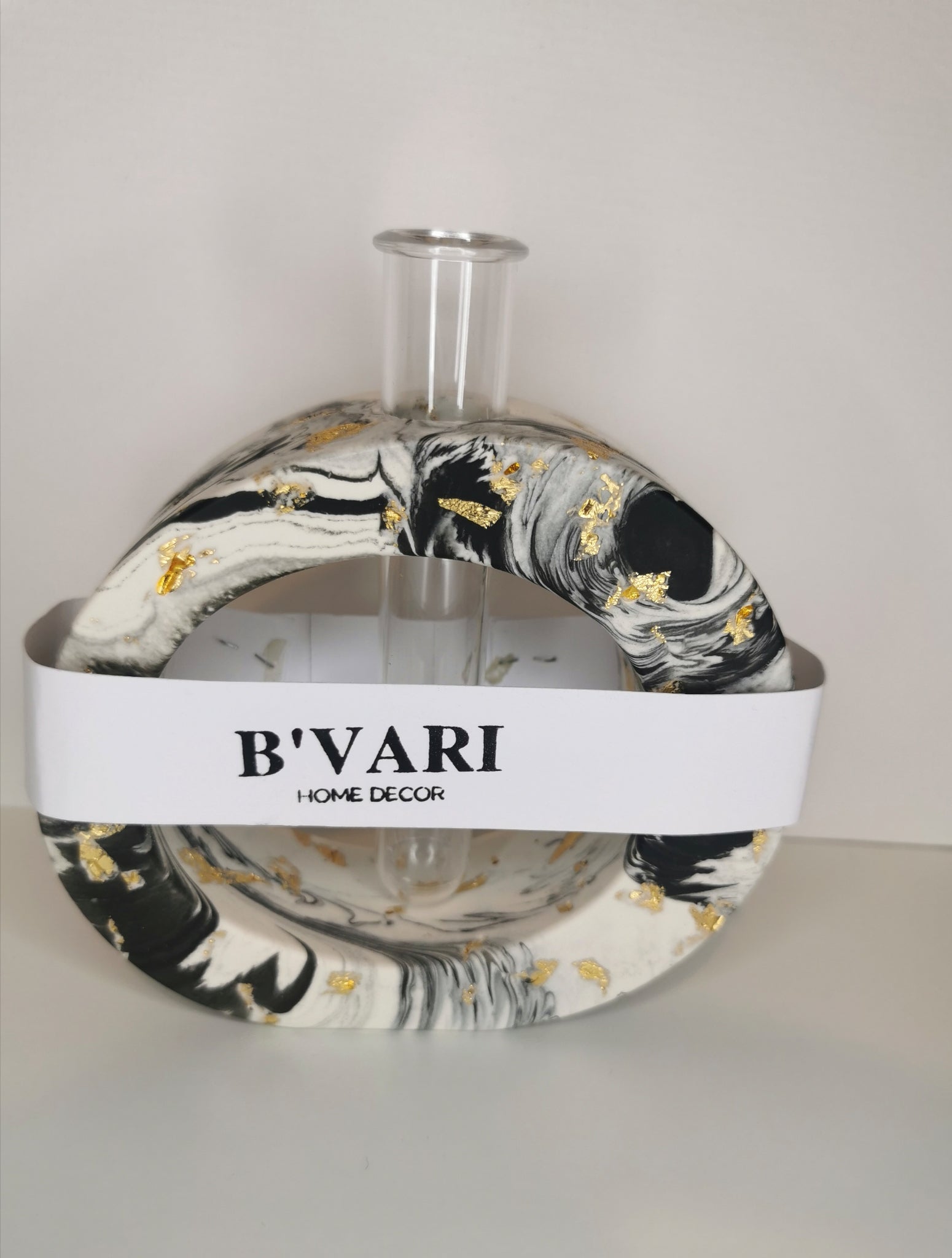 Black Marble Vase with Propagation Tube —  Marble & Gold Leaf