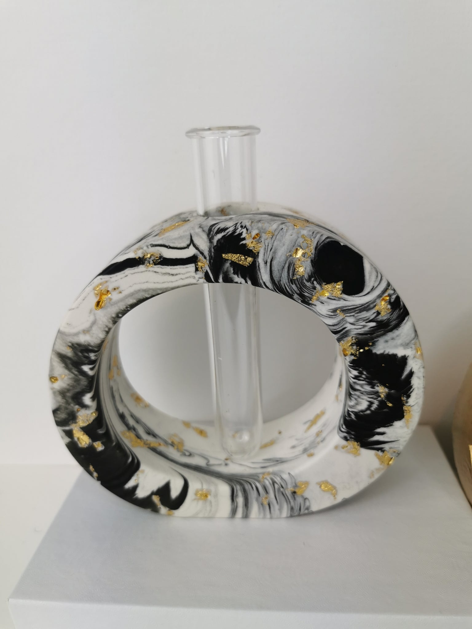 Black Marble Vase with Propagation Tube —  Marble & Gold Leaf