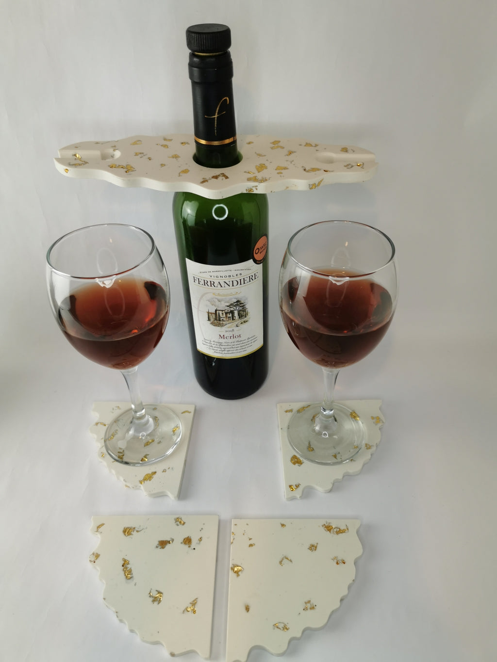Wine Holder Set —  Wine holder & Triangle Coasters (Gold Leaf)