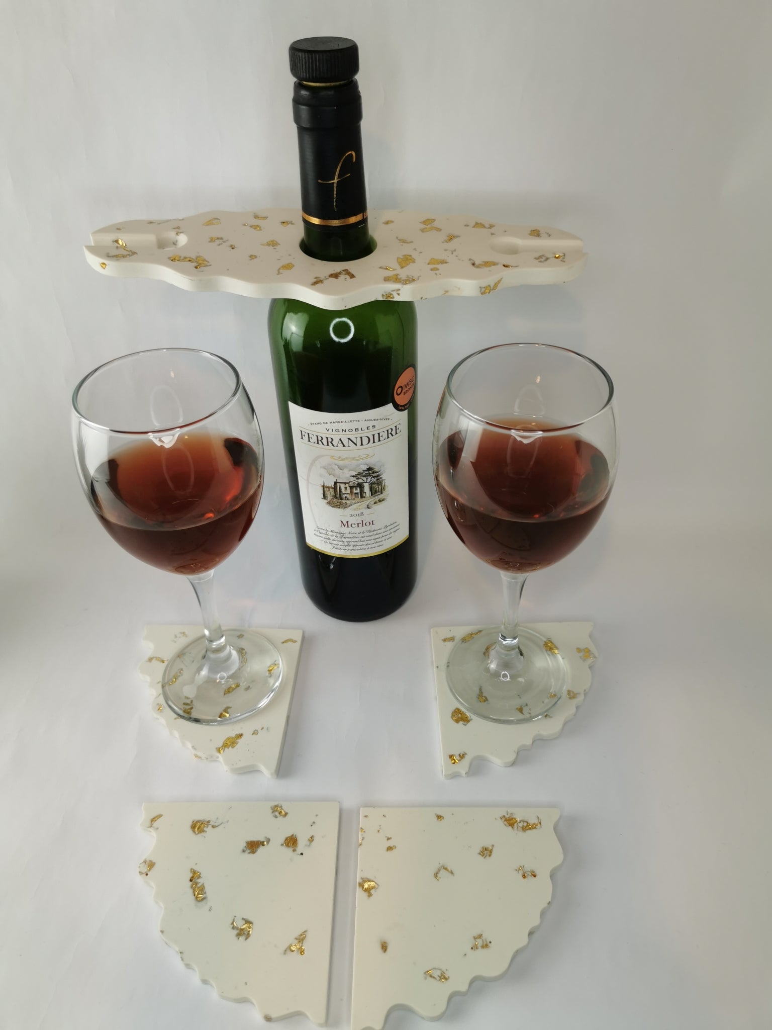 Wine Holder Set —  Wine holder & Triangle Coasters (Gold Leaf)