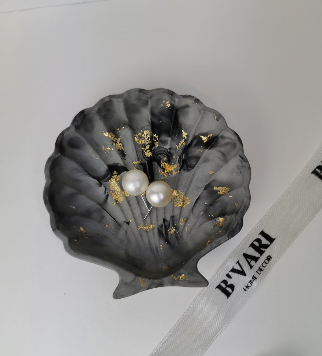 Shell Trinket Tray — Black/Grey Marble & Gold Leaf