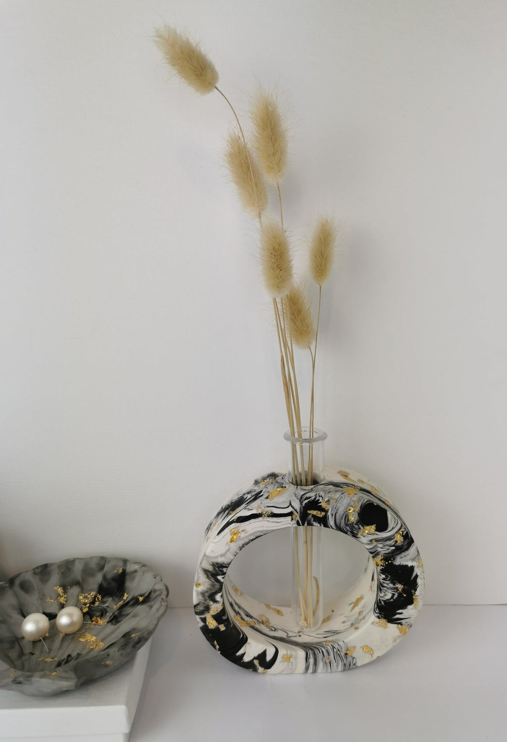 Shell Trinket Tray — Black/Grey Marble & Gold Leaf