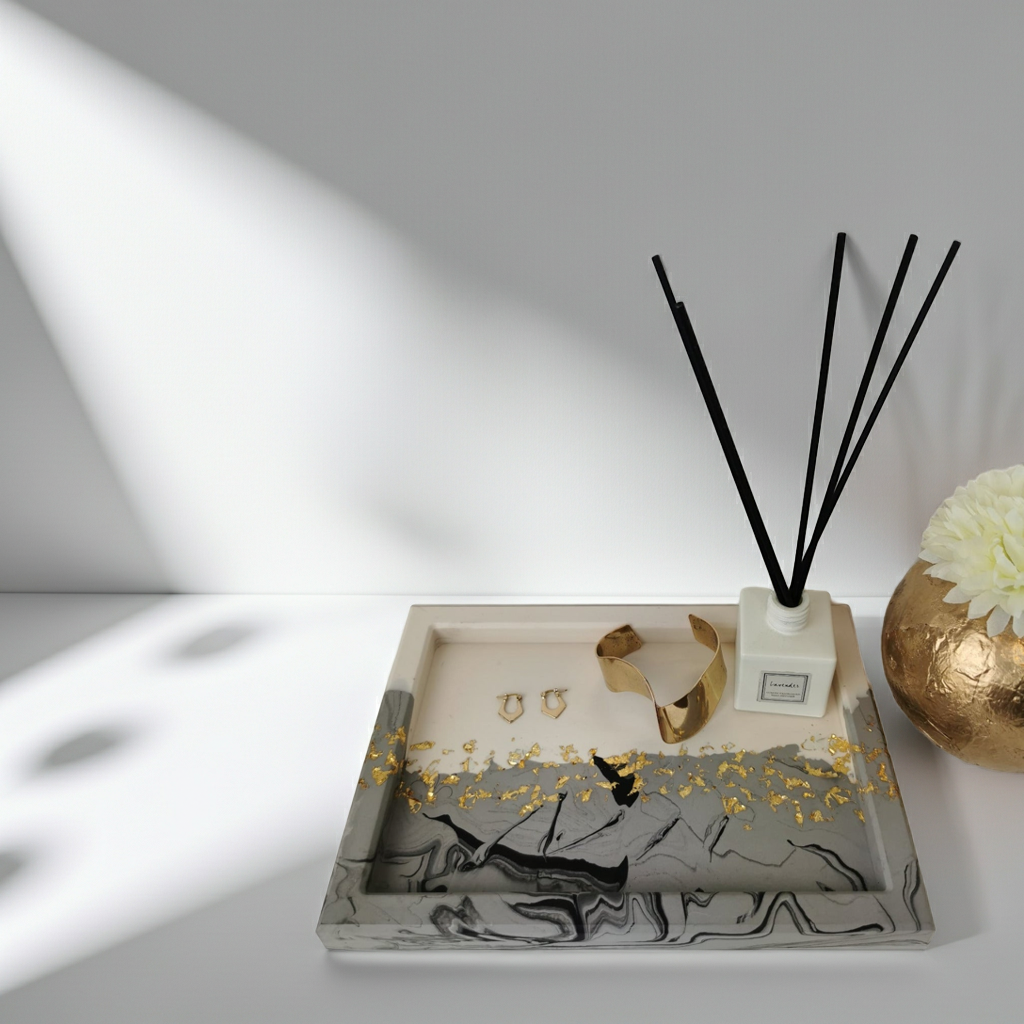 Large Square Vanity Tray — Black Marble & Gold Leaf