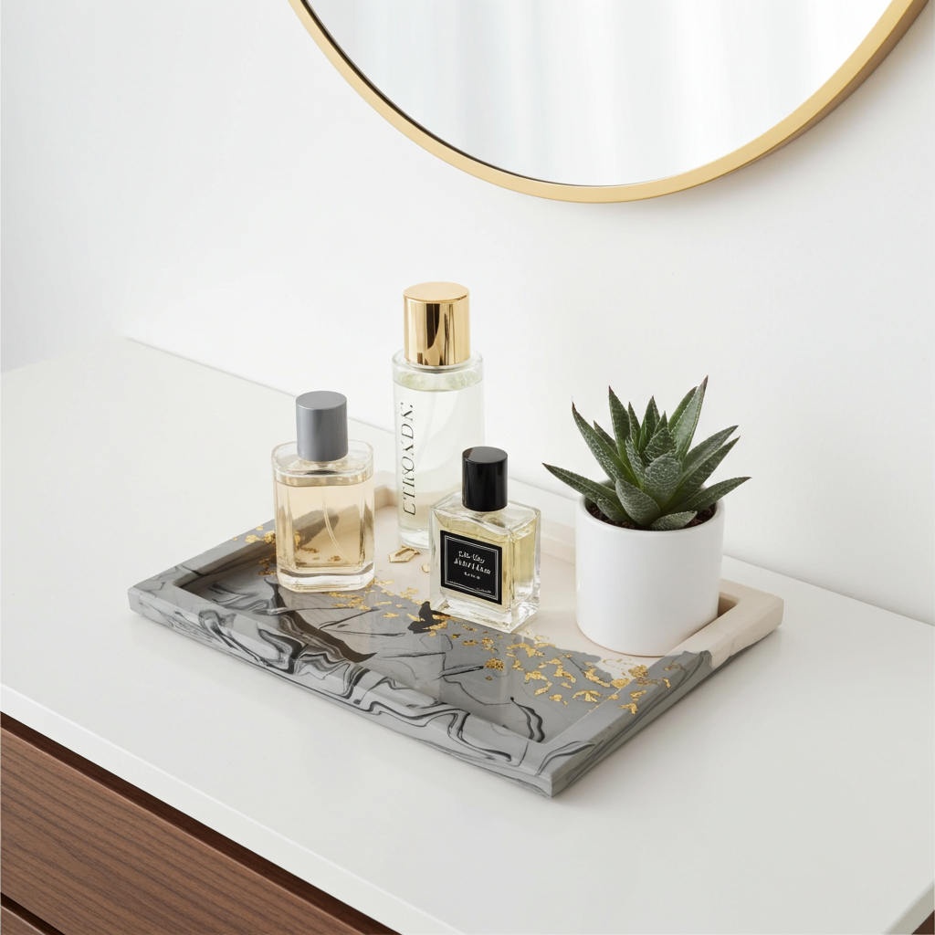 Large Square Vanity Tray — Black Marble & Gold Leaf