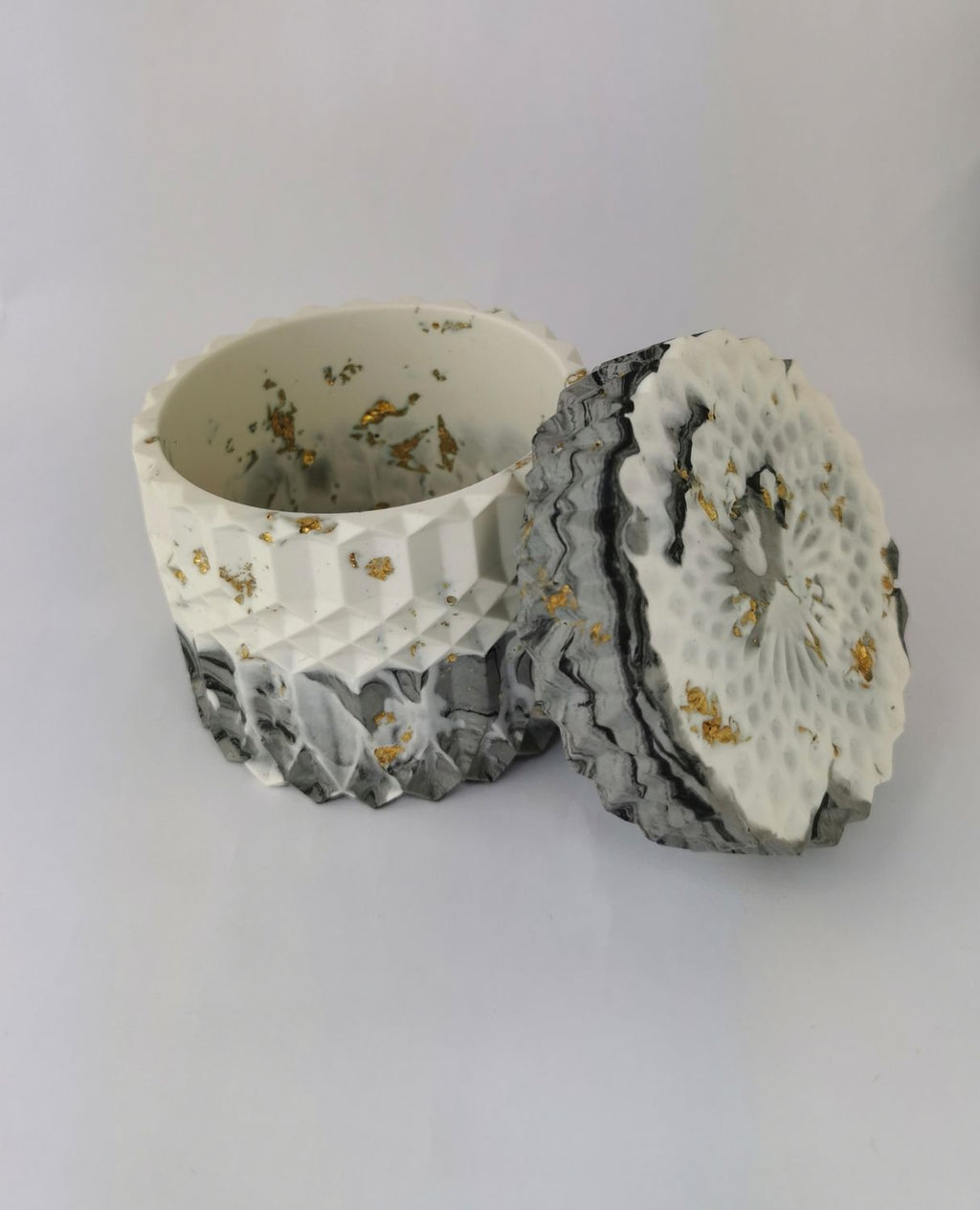Marble Geometric Round Storage Jar —  Marble & Gold Leaf