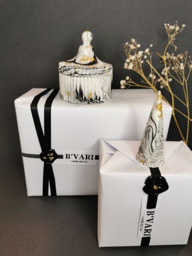 Luxury Gift Set — Ribbed Carousel Jar & Ring Holder (Marble & Gold)