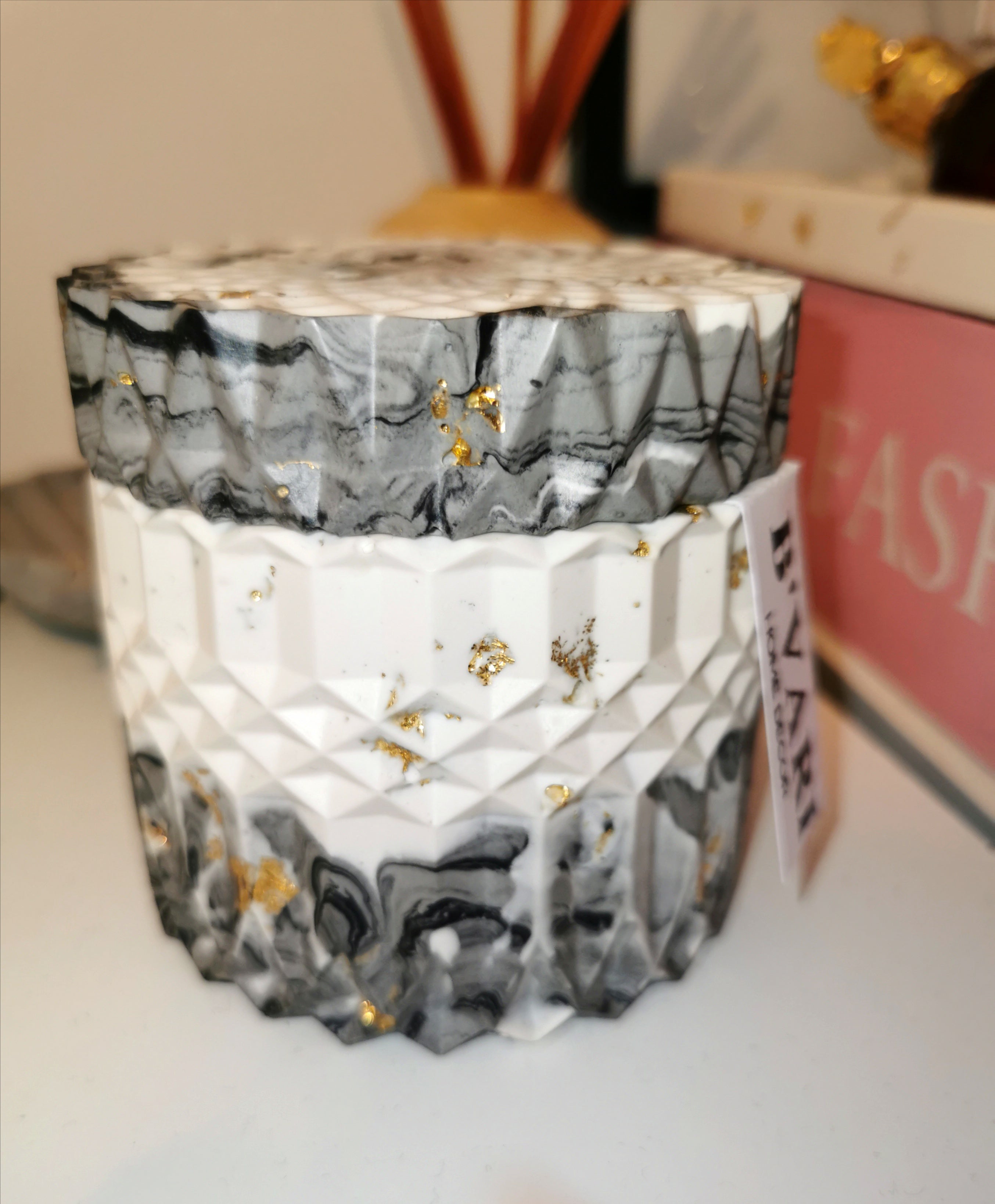 Marble Geometric Round Storage Jar —  Marble & Gold Leaf