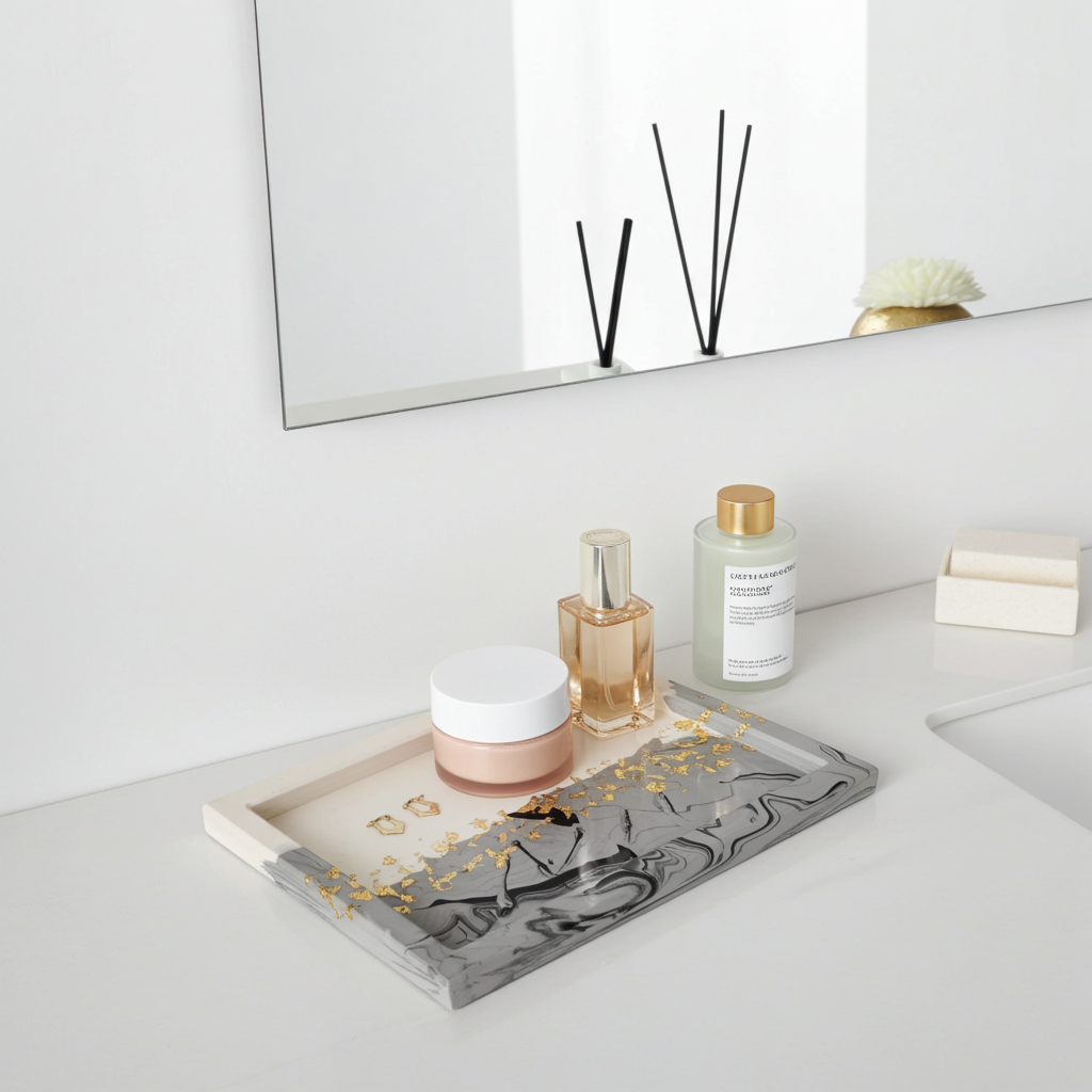 Large Square Vanity Tray — Black Marble & Gold Leaf
