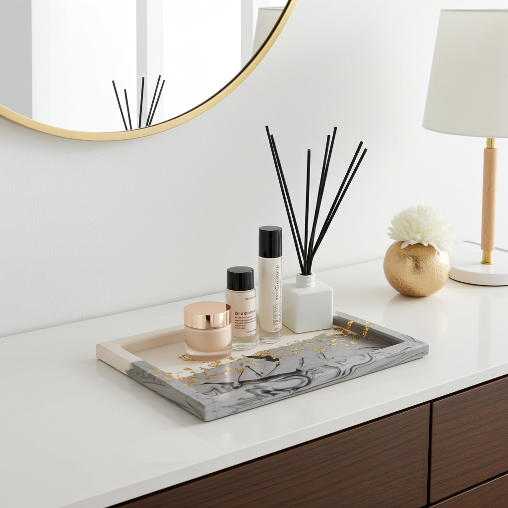 Large Square Vanity Tray — Black Marble & Gold Leaf