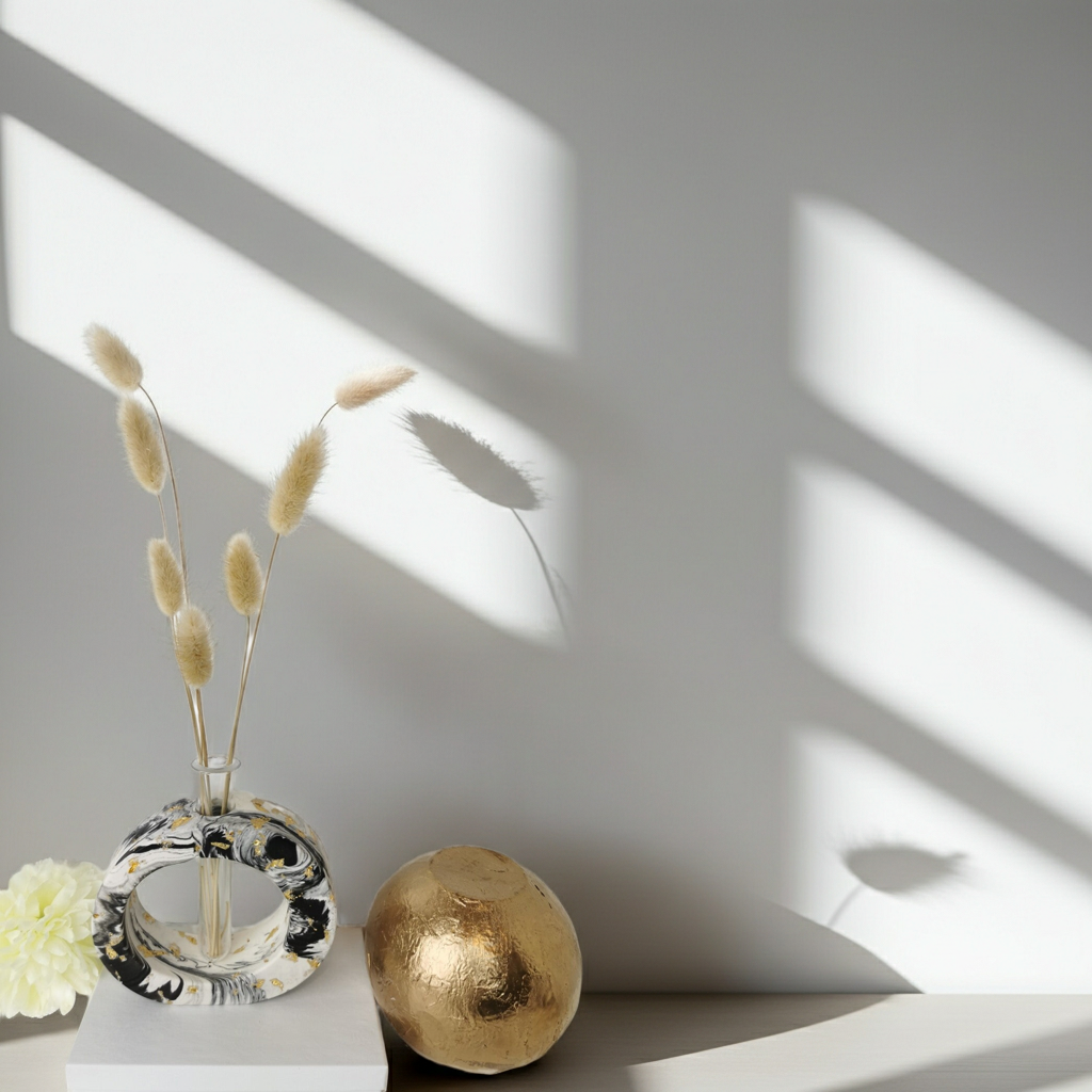 Black Marble Vase with Propagation Tube —  Marble & Gold Leaf