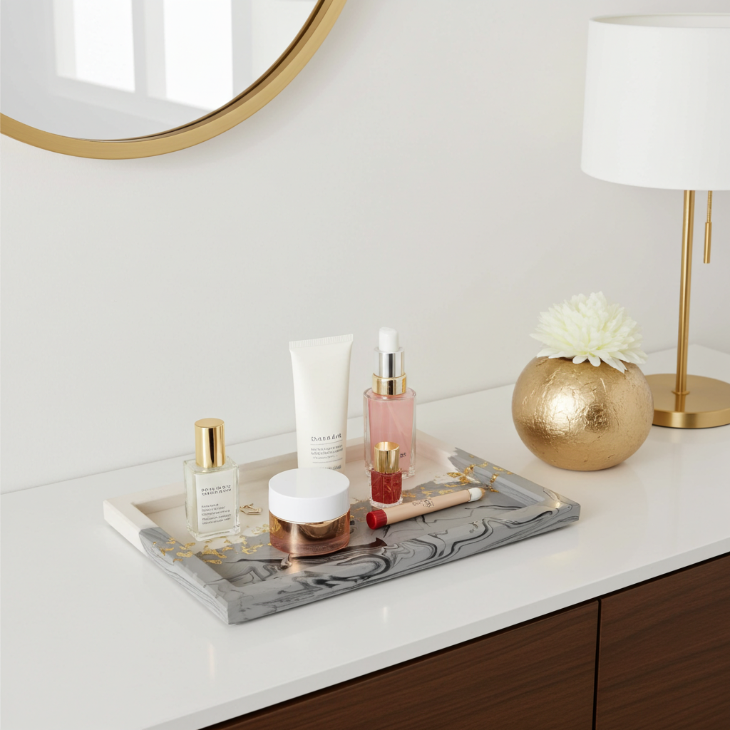 Large Square Vanity Tray — Black Marble & Gold Leaf