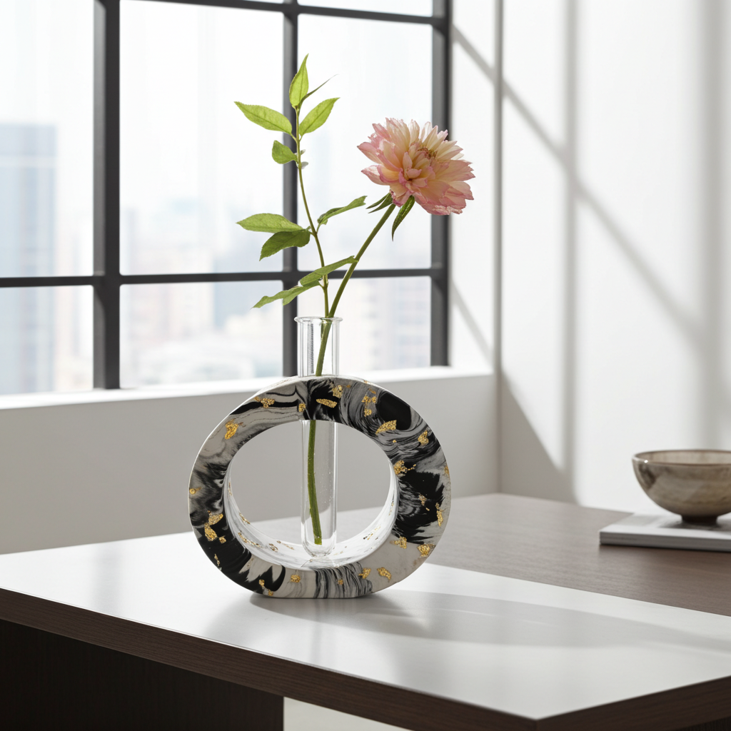 Black Marble Vase with Propagation Tube —  Marble & Gold Leaf